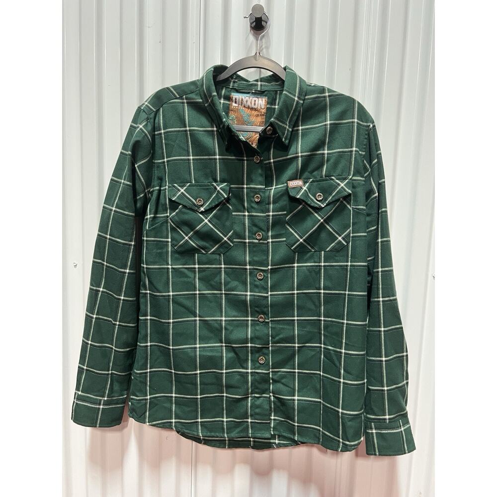 Dixxon Shirt Womens Large Green White Plaid Button Up The Rim Flannel Pockets